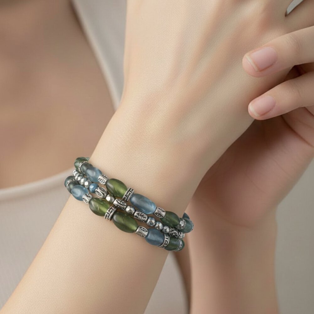 Set of 3‎ Blue, Turquoise and Green Beaded Bracelets with Silver Spacers